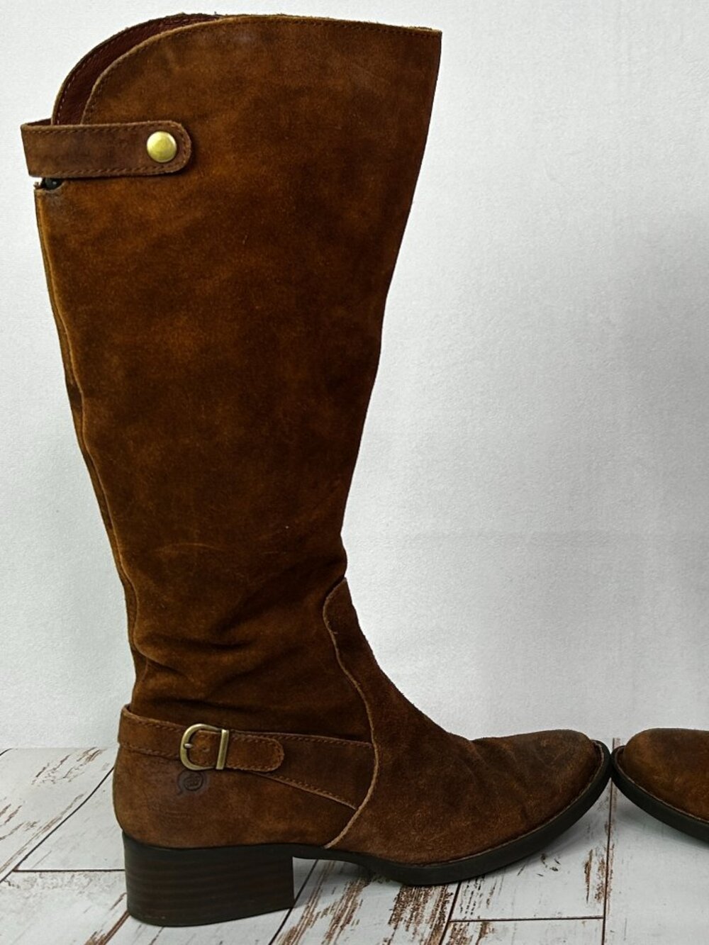 Born Brown Suede Knee High Boots Plaid Lined Full Zip F50526